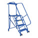 A blue steel Vestil Tip-N-Roll ladder with wheels.