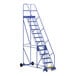 A blue steel ladder with wheels.