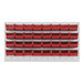 A Quantum white steel louvered panel with a row of red bins.