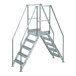 A Vestil galvanized steel crossover ladder with handrails and metal bars.