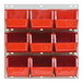 A Quantum white louvered panel with red bins on it.