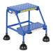 A blue Vestil 2-step rolling ladder with perforated steps and black rubber feet.