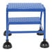 A blue Vestil 2-step rolling ladder with black rubber legs.