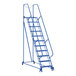 A blue Vestil steel maintenance ladder with perforated steps and wheels.