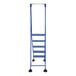 A blue metal Vestil rolling step ladder with perforated steps and wheels.