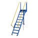 A blue and yellow steel Vestil manual folding mezzanine ladder.