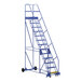 A blue steel Vestil rolling warehouse ladder.