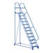 A blue Vestil steel maintenance ladder on wheels.