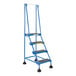 A blue metal Vestil commercial rolling ladder with four steps.