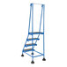 A blue metal Vestil commercial rolling step ladder with serrated black steps.