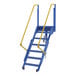 A blue steel folding mezzanine ladder with yellow handrails.