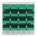 A Quantum white steel louvered panel with 16 green plastic bins.