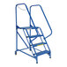 A blue metal Vestil maintenance ladder with four steps.