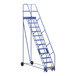 A blue Vestil rolling warehouse ladder.