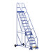 A blue Vestil steel ladder on wheels.