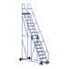 A blue Vestil steel ladder on wheels.