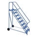 A blue metal Vestil roll-a-fold ladder with black wheels.