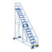 A blue Vestil steel warehouse ladder with wheels.