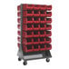 A Quantum mobile double-sided louvered rack with red bins on wheels.