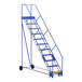 A blue steel Vestil warehouse ladder with wheels.