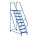 A blue Vestil steel maintenance ladder on wheels.
