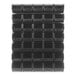 A Quantum Oyster White Louvered Panel with 35 black plastic storage bins.