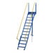 A blue steel Vestil mezzanine ladder with yellow handrails.