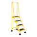 A yellow Vestil commercial rolling step ladder with black wheels.