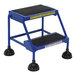 A blue Vestil commercial rolling step ladder with black rubber steps and wheels.