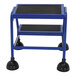 A blue Vestil commercial rolling step ladder with black rubber steps and wheels.