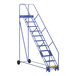 A blue Vestil steel rolling warehouse ladder.