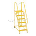 A yellow metal ladder with grip strut steps and chains.