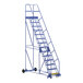A blue metal Vestil warehouse ladder with wheels.