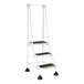 A white Vestil commercial rolling step ladder with black serrated rubber steps.