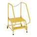 A yellow metal Vestil 2-step ladder with grip strut steps.