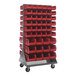 A Quantum gray steel mobile rack with red louvered bins on it.