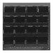 A gray steel louvered panel with black plastic bins on it.