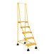 A yellow Vestil commercial rolling step ladder with perforated steps and five steps.