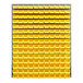 A gray steel louvered panel with rows of yellow plastic bins.