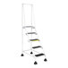 A white Vestil commercial rolling step ladder with black serrated rubber steps.