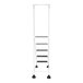A white Vestil commercial rolling step ladder with black steps and wheels.