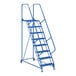 A blue metal ladder with wheels.