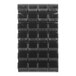 A Quantum louvered panel with black bins on a shelf.