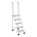 A white metal Vestil commercial rolling step ladder with perforated steps and wheels.