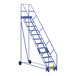 A blue steel Vestil warehouse ladder with wheels.