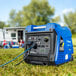 A person in a red hat uses a Westinghouse iGen4500CV portable inverter generator to power an outdoor catering setup.