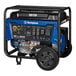 A blue and black Westinghouse WGen9500 portable generator with wheels.