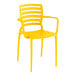 A Lancaster Table & Seating Sol Sunshine Yellow Resin Arm Chair with white legs.