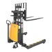 A yellow and black Vestil semi-electric forklift with a black and yellow handle.