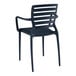 A blue resin arm chair with a slatted back and modern design.